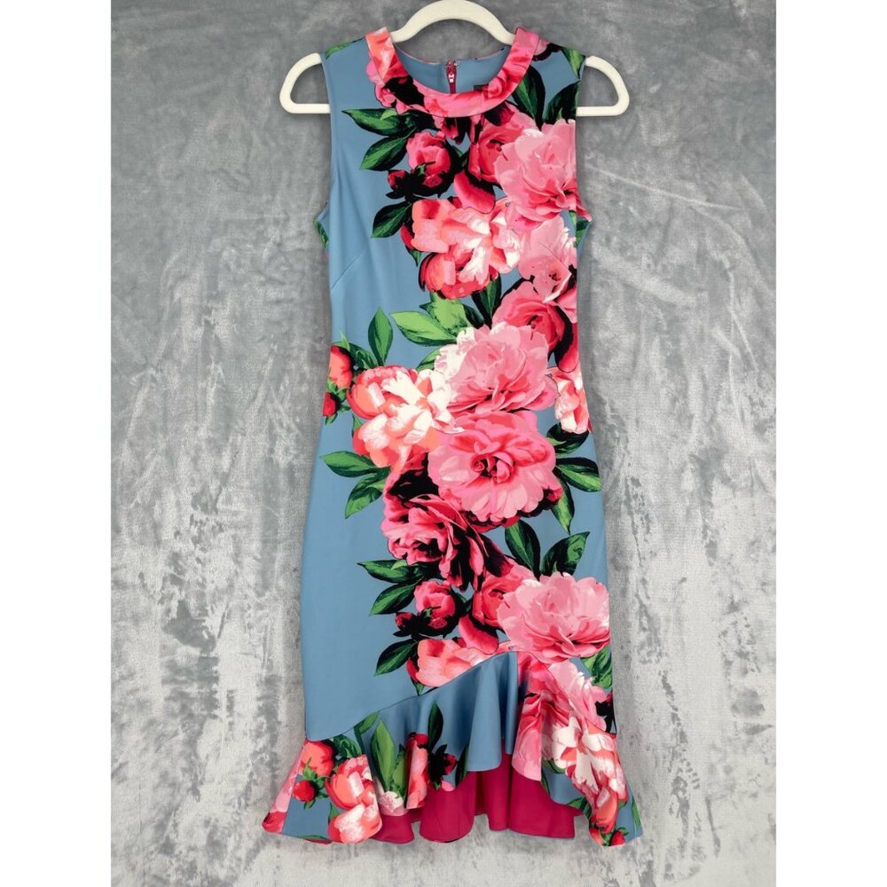 Vince Camuto Dress Womens 2 Pink Blue Floral Knit Ruffle Flounce Hem Knee Length